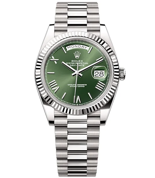 Rolex Day-Date 40 Presidential Olive green dial, Fluted Bezel, President bracelet, White gold Watch