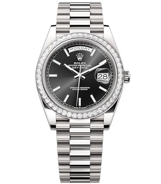 Rolex Day-Date 40 Presidential Black dial, Diamond Bezel, President bracelet, White gold Watch