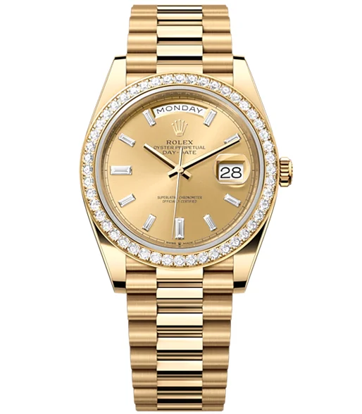 Rolex Day-Date 40 Presidential, Yellow gold, Champagne dial, Diamond Bezel, President bracelet,