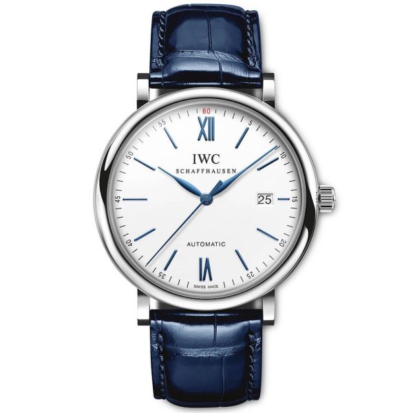 Portofino 40mm White/Blue Dial Men's Leather Strap Watch