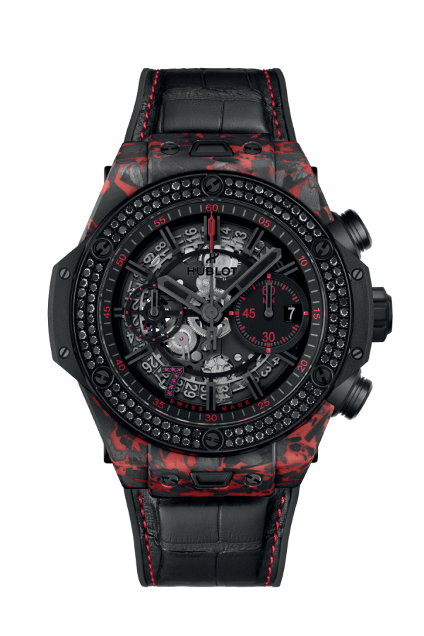 Hublot Big Bang Unico Red Carbon Black Diamonds Las Vegas Boutique, Matt Red Frosted carbon, 126 black diamonds, 44mm, Limited Edition, Ref# 421.QV.1113.LR.1100.LVB23