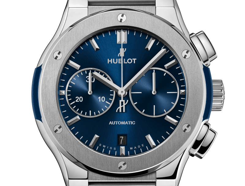 Hublot Classic Fusion Blue Chronograph Titanium Bracelet 45mm, Ref# 520.NX.7170.NX